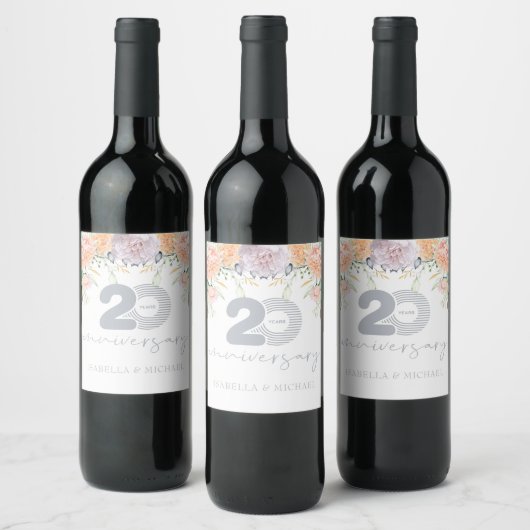 Étiquette Pour Bouteilles De Vin 20e anniversaire de Mariage floral de luxe (Bouteilles)