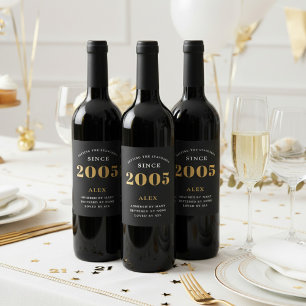 Étiquette Pour Bouteilles De Vin 20e anniversaire Nom 2005 Black Gold Elegant Chic