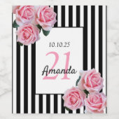 Étiquette Pour Bouteilles De Vin 21e anniversaire flores roses noir blanc rayures (Étiquettes simples)