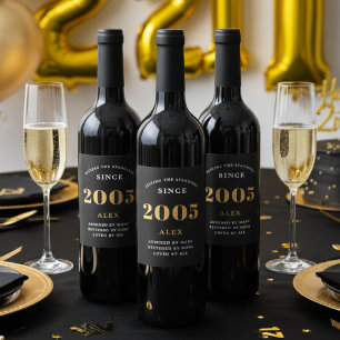 Étiquette Pour Bouteilles De Vin 21e anniversaire Nom 2005 Black Gold Elegant Chic