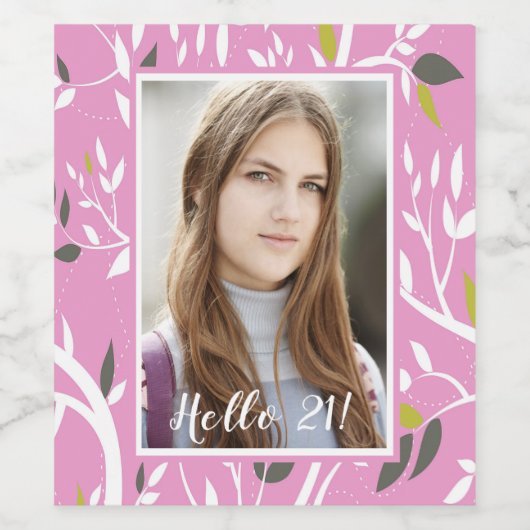 Étiquette Pour Bouteilles De Vin 21e anniversaire photo motif botanique rose (Étiquettes simples)