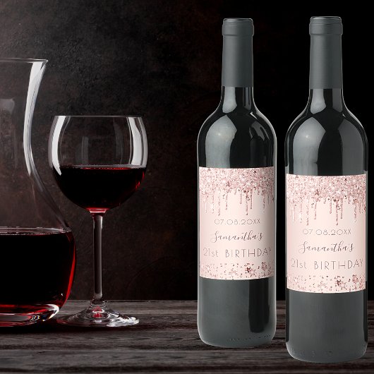 Étiquette Pour Bouteilles De Vin 21e anniversaire rose or parties scintillant rose 