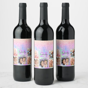 Étiquette Pour Bouteilles De Vin 21e anniversaire rose violet gouttes photo hologra