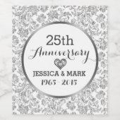 Étiquette Pour Bouteilles De Vin 25e anniversaire du Mariage Damas d'argent et blan (Étiquettes simples)