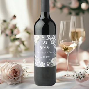 Étiquette Pour Bouteilles De Vin 25e anniversaire du mariage floraux d'argent