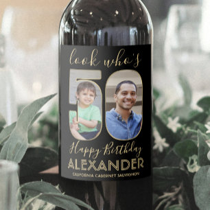 Étiquette Pour Bouteilles De Vin 2 Regardez qui est 50 Cinquantième anniversaire Bl