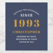 Étiquette Pour Bouteilles De Vin 30th Birthday Born 1993 Ajouter Nom Blue Gold (Étiquettes simples)