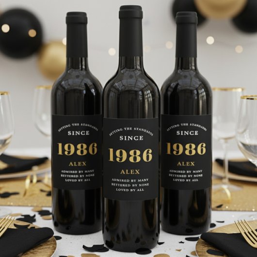 Étiquette Pour Bouteilles De Vin 40e anniversaire Nom 1986 Black Gold Elegant Chic