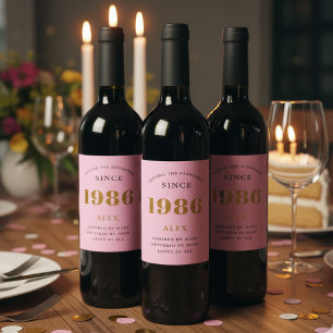 Étiquette Pour Bouteilles De Vin 40e anniversaire Nom 1986 Pink Gold Elegant Chic