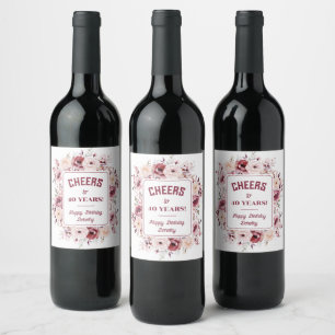 Étiquette Pour Bouteilles De Vin 40e anniversaire personnalisé Bourgogne rose flora