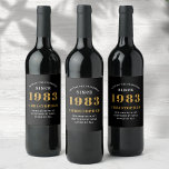 Étiquette Pour Bouteilles De Vin 40th Birthday Born 1983 Ajouter Nom Black Gold<br><div class="desc">Anniversaire personnalisé ajoutez votre nom et étiquette de vin année. Modifiez le nom et l'année avec le modèle fourni. Un merveilleux accessoire de fête d'anniversaire personnalisé. Plus de cadeaux et de fournitures de fête disponibles avec le design "normes de fixation" dans le magasin.</div>