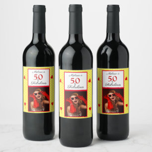 Étiquette Pour Bouteilles De Vin 50 Fabuleux Nom photo Rouge 50e anniversaire Jaune