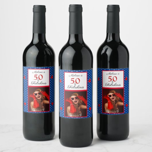 Étiquette Pour Bouteilles De Vin 50 & Fabulous Photo Name Rouge 50th Birthday Blue (Bouteilles)