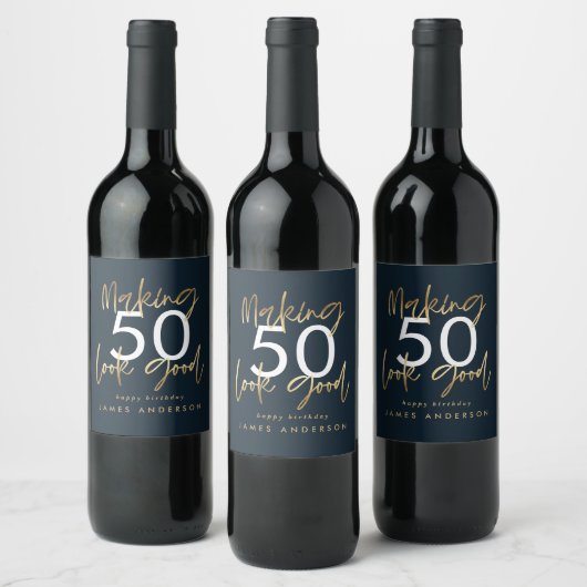 Étiquette Pour Bouteilles De Vin 50e anniversaire bleu et or simple élégant moderne (Bouteilles)