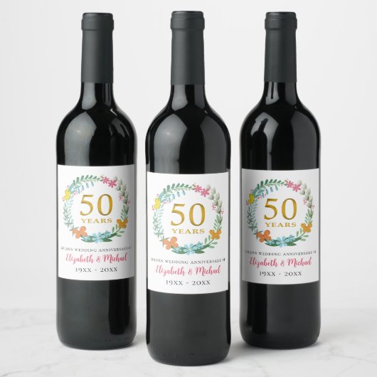 Étiquette Pour Bouteilles De Vin 50e anniversaire du Mariage couronne de fleurs dor (Bouteilles)