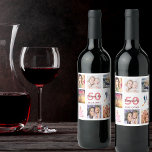 Étiquette Pour Bouteilles De Vin 50e anniversaire fête photo collage<br><div class="desc">Un étiquette de bouteille pour une fête de 50ème anniversaire,  célébrant sa vie avec un collage de 8 de vos photos. Modèles pour un nom,  50 ans et une date. Date de naissance ou date de la fête. Corail et lettres bordeaux. Fond blanc.</div>