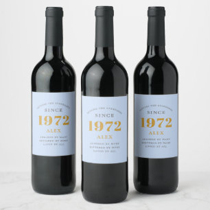 Étiquette Pour Bouteilles De Vin 50e anniversaire Nom 1972 Blue Grey Elegant Chic