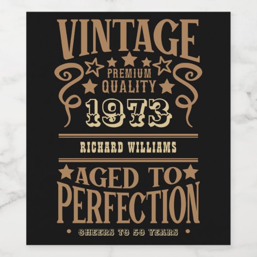 Étiquette Pour Bouteilles De Vin 50e anniversaire Nom 1973 Black Gold Elegant (Étiquettes simples)