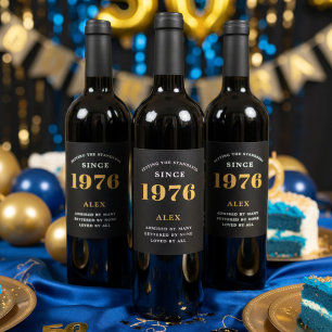 Étiquette Pour Bouteilles De Vin 50e anniversaire Nom 1974 Black Gold Elegant Chic