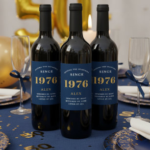 Étiquette Pour Bouteilles De Vin 50e anniversaire Nom 1976 Blue Gold Elegant Chic