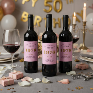 Étiquette Pour Bouteilles De Vin 50e anniversaire Nom 1976 Pink Gold Elegant Chic