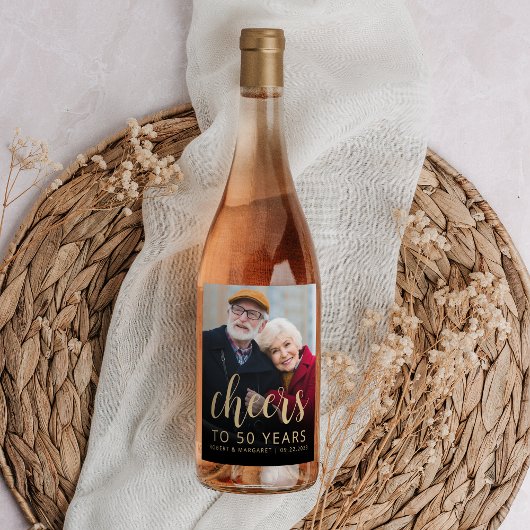 Étiquette Pour Bouteilles De Vin 50th Anniversary Party Photo Cheers Gold Script