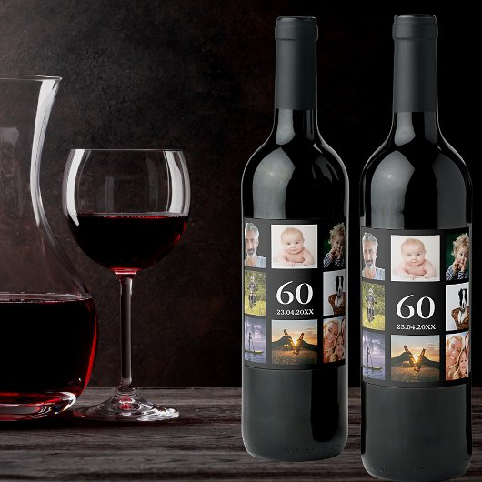 Étiquette Pour Bouteilles De Vin 60e anniversaire fête photo collage mec noir