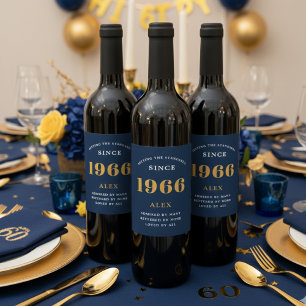 Étiquette Pour Bouteilles De Vin 60e anniversaire Nom 1966 Blue Gold Elegant Chic