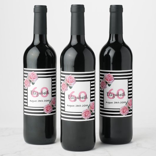 Étiquette Pour Bouteilles De Vin 60e anniversaire rose roses noir blanc rayures (Bouteilles)