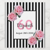 Étiquette Pour Bouteilles De Vin 60e anniversaire rose roses noir blanc rayures (Étiquettes simples)