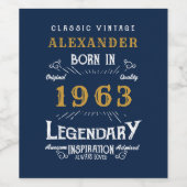 Étiquette Pour Bouteilles De Vin 60th Birthday 1963 Ajouter Nom Legendary Blue Gold (Étiquettes simples)