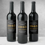 Étiquette Pour Bouteilles De Vin 60th Birthday Born 1963 Ajouter Nom Black Gold<br><div class="desc">Anniversaire personnalisé ajoutez votre nom et étiquette de vin année. Modifiez le nom et l'année avec le modèle fourni. Un merveilleux accessoire de fête d'anniversaire personnalisé. Plus de cadeaux et de fournitures de fête disponibles avec le design "normes de fixation" dans le magasin.</div>