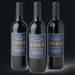 Étiquette Pour Bouteilles De Vin 60th Birthday Born 1963 Ajouter Nom Blue Gold<br><div class="desc">Anniversaire personnalisé ajoutez votre nom et étiquette de vin année. Modifiez le nom et l'année avec le modèle fourni. Un magnifique accessoire de fête d'anniversaire bleu personnalisé. Plus de cadeaux et de fournitures de fête disponibles avec le design "normes de fixation" dans le magasin.</div>