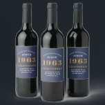 Étiquette Pour Bouteilles De Vin 60th Birthday Born 1963 Ajouter Nom Blue Gold<br><div class="desc">Anniversaire personnalisé ajoutez votre nom et étiquette de vin année. Modifiez le nom et l'année avec le modèle fourni. Un magnifique accessoire de fête d'anniversaire bleu personnalisé. Plus de cadeaux et de fournitures de fête disponibles avec le design "normes de fixation" dans le magasin.</div>