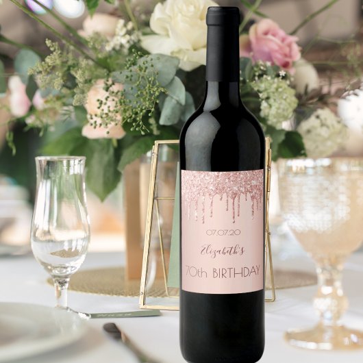 Étiquette Pour Bouteilles De Vin 70e anniversaire blush rose or parties scintillant