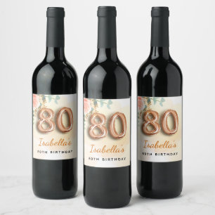 Étiquette Pour Bouteilles De Vin 80e anniversaire floral rose or eucalyptus monogra