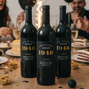 Étiquette Pour Bouteilles De Vin 80e anniversaire Nom 1946 Black Gold Elegant Chic