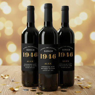 Étiquette Pour Bouteilles De Vin 80e Anniversaire Nom 1946 Élégant Chic Noir Or