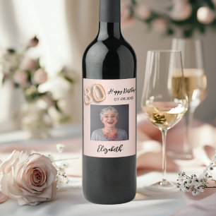 Étiquette Pour Bouteilles De Vin 80e anniversaire rose or rose photo