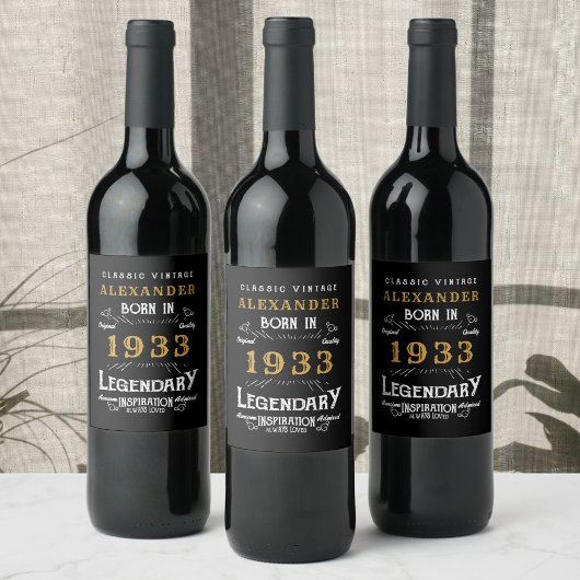 Étiquette Pour Bouteilles De Vin 90e anniversaire 1933 Ajouter votre nom Légendaire