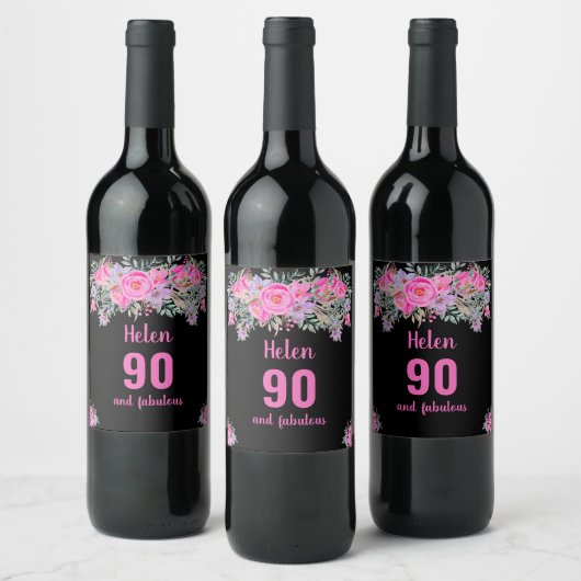 Étiquette Pour Bouteilles De Vin 90e anniversaire noir rose floral (Bouteilles)