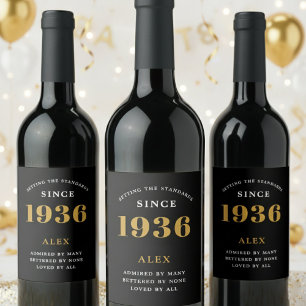 Étiquette Pour Bouteilles De Vin 90e Anniversaire Nom 1936 Noir Or Élégant Chic