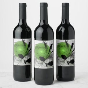 Étiquette Pour Bouteilles De Vin Abstrait noir et blanc avec art fractal vert