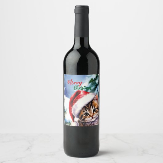 Étiquette Pour Bouteilles De Vin adorable chaton blanc d'hiver Joyeux Noël (Devant)