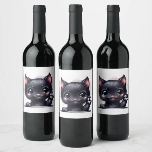 Étiquette Pour Bouteilles De Vin Adorable Kawaii Chat noir (Bouteilles)