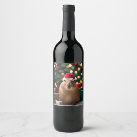 Étiquette Pour Bouteilles De Vin Adorable Noël Capybara, (Devant)
