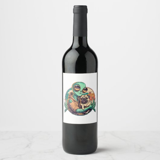 Étiquette Pour Bouteilles De Vin Alien et Pug (Devant)