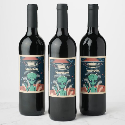 Étiquette Pour Bouteilles De Vin Alien UFO de nom personnalisé (Bouteilles)