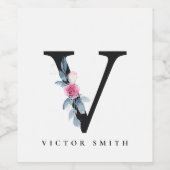 ÉTIQUETTE POUR BOUTEILLES DE VIN ALPHABÈTES FLORAUX BLEUS DOUX NOM LETTRE V (Étiquettes simples)