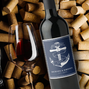 Étiquette Pour Bouteilles De Vin Ancré en amour Nautique Bleu Ancre Mariage